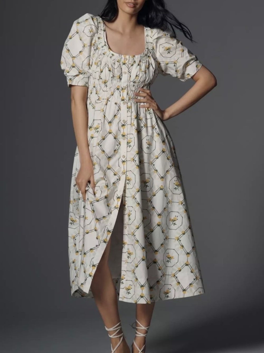 Anthropologie Cream Midi Dress with Yellow Floral Motif Size XS NWT